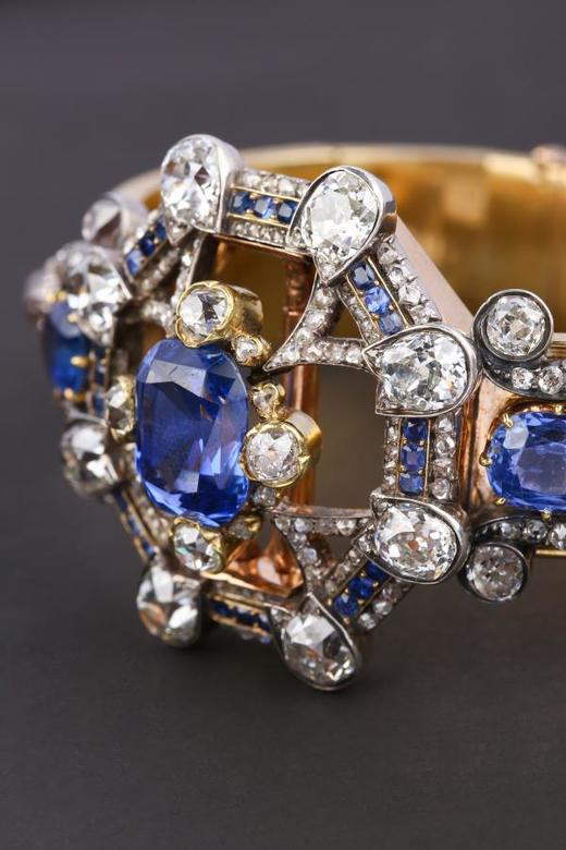 独角鹿西洋古董珠宝首饰法国18K金镶嵌钻石无烧蓝宝石手镯手链 商品图3