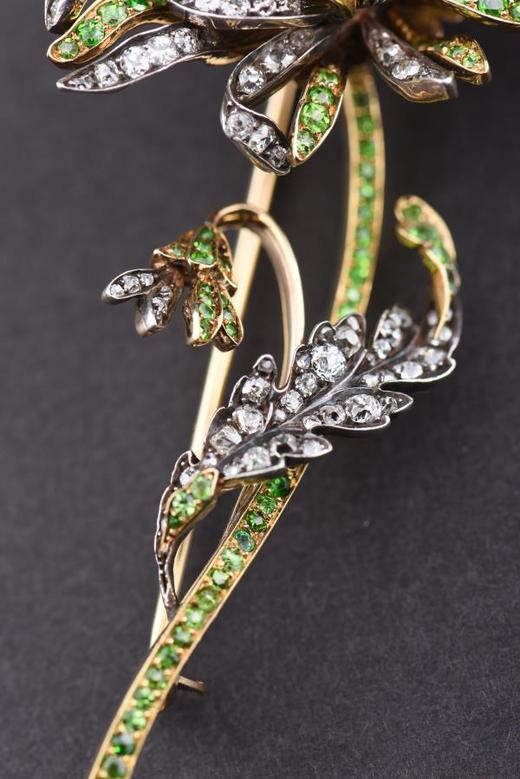 独角鹿西洋古董首饰珠宝奥地利金银镶嵌钻石翠榴石天然珍珠胸针 商品图2