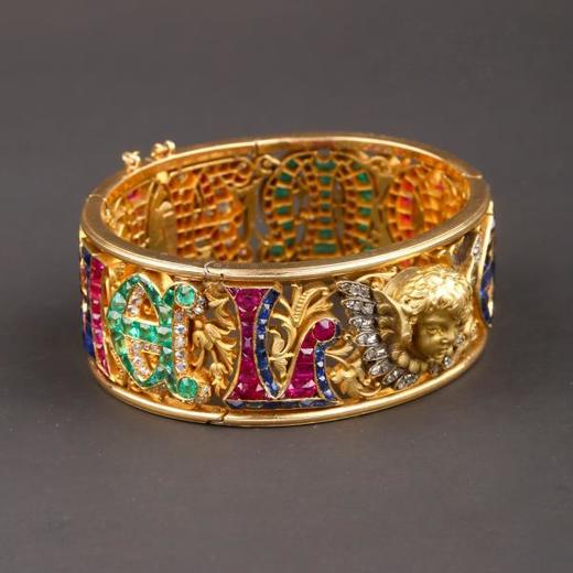 独角鹿西洋古董法国18K金雕刻钻石红宝石蓝宝石祖母绿圣物手镯 商品图2