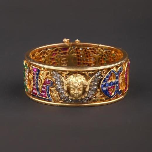 独角鹿西洋古董法国18K金雕刻钻石红宝石蓝宝石祖母绿圣物手镯 商品图0