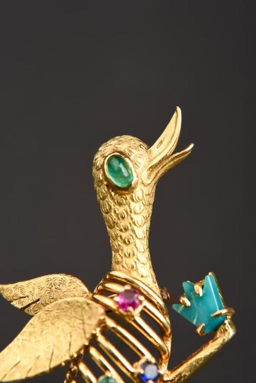 独角鹿西洋古董珠宝首饰法国黄金镶嵌宝石小鸭造型胸针 商品图1