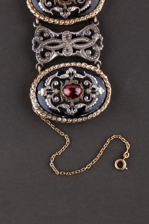 独角鹿西洋古董法国FROMENT MEURICE黄金纯银石榴石珐琅手链手镯 商品图2