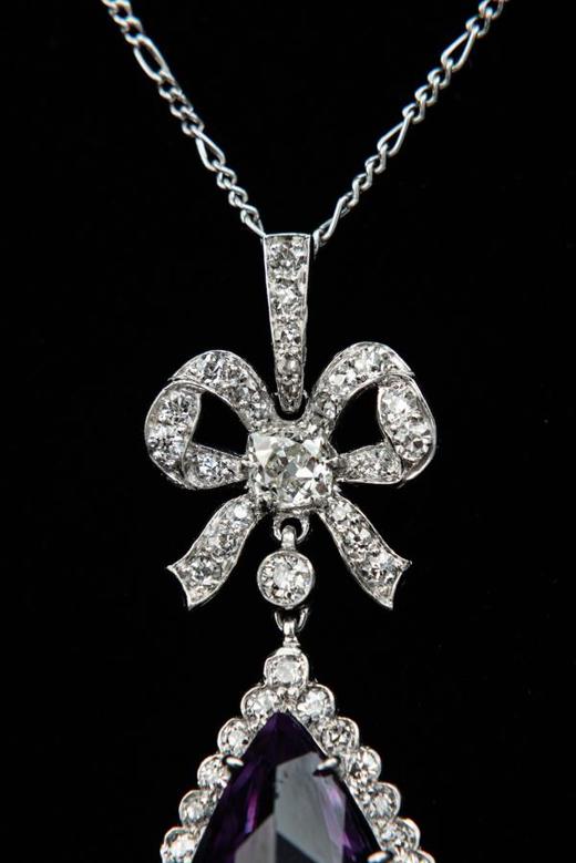 独角鹿西洋古董珠宝首饰法国美好时代铂金镶嵌紫水晶钻石吊坠项链 商品图2