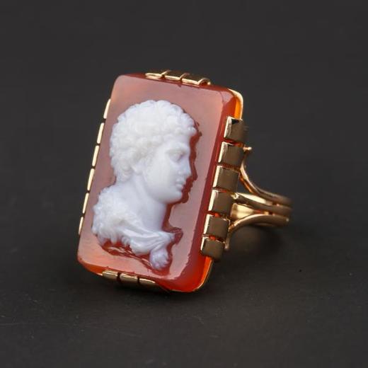 独角鹿西洋古董首饰法国18K黄金镶古代人物像玛瑙cameo卡梅奥戒指 商品图4