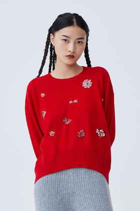 圆领刺绣羊绒针织套衫 SJF93W162N