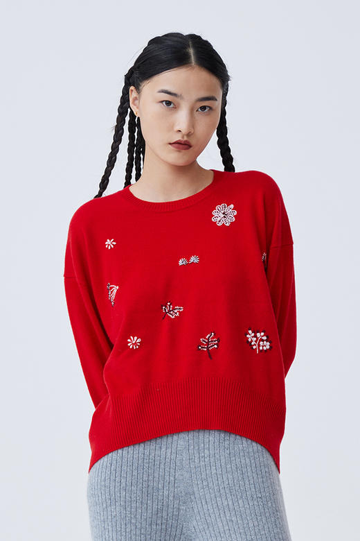 圆领刺绣羊绒针织套衫 SJF93W162N 商品图0