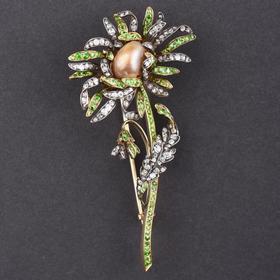 独角鹿西洋古董首饰珠宝奥地利金银镶嵌钻石翠榴石天然珍珠胸针