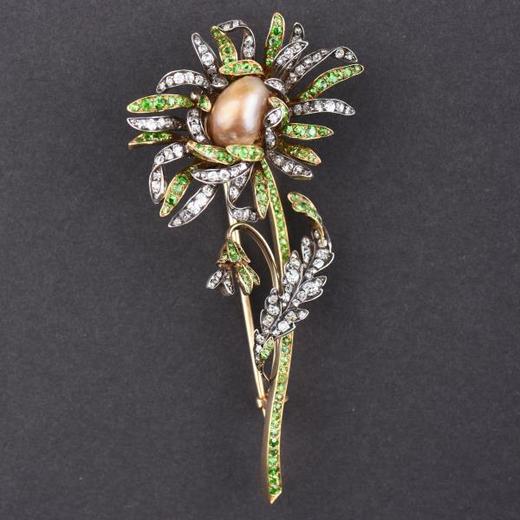 独角鹿西洋古董首饰珠宝奥地利金银镶嵌钻石翠榴石天然珍珠胸针 商品图0