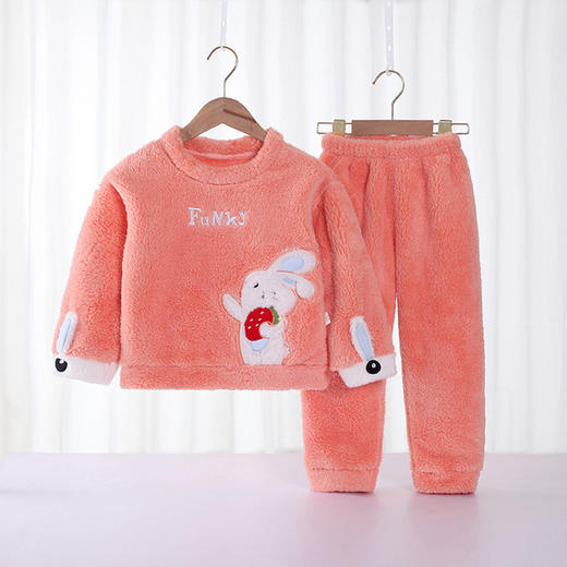 【双层护肚设计 保暖锁温】冬季儿童法兰绒睡衣套装女童家居服双面加绒加厚小童云朵绒两件套 商品图11