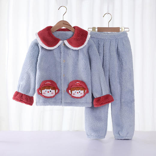 【双层护肚设计 保暖锁温】冬季儿童法兰绒睡衣套装女童家居服双面加绒加厚小童云朵绒两件套 商品图8