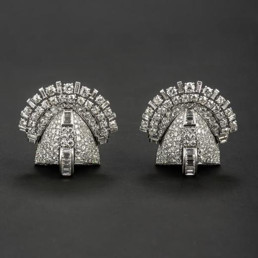 独角鹿西洋古董珠宝首饰法国Mauboussin铂金镶嵌钻石双夹扣胸针 商品图4