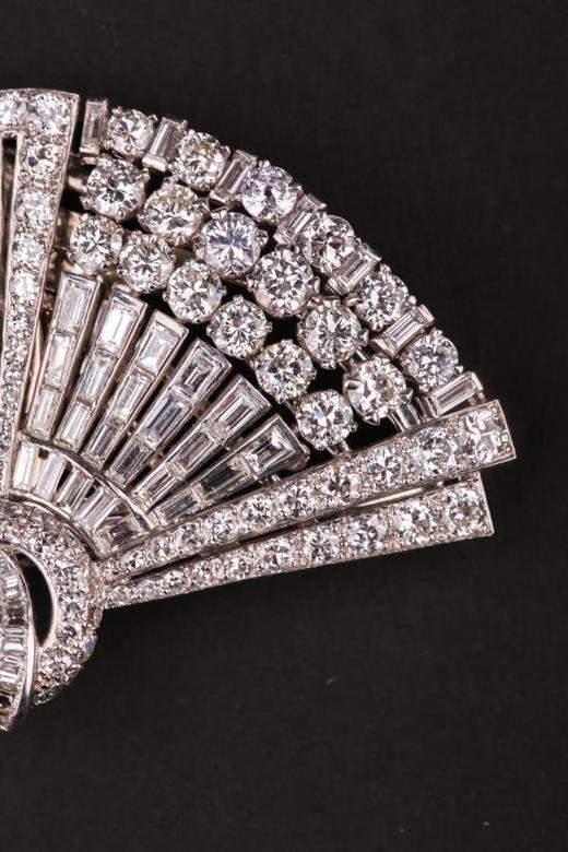 独角鹿西洋古董珠宝首饰英国DRAYSON扇子造型钻石双夹胸针 商品图3