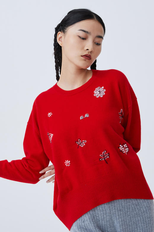 圆领刺绣羊绒针织套衫 SJF93W162N 商品图1