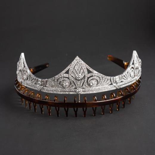 独角鹿西洋古董装饰艺术时期西班牙王室珍藏白金镶嵌钻石鸢尾冠冕 商品图1