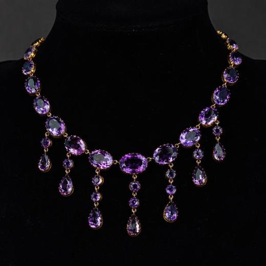 独角鹿西洋古董珠宝首饰1850年代法国15K金镶嵌紫水晶流苏项链 商品图0