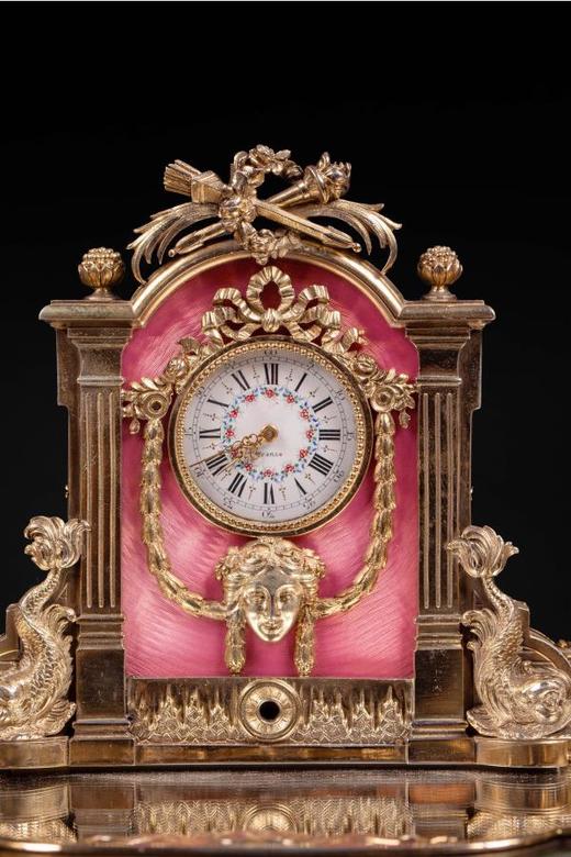 独角鹿西洋古董法国纯银镀金粉色珐琅钟表雕刻宫廷花园造型墨水台 商品图3