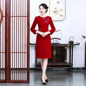 上海旗袍厂TZRY-4秋季新款红色短中式圆领长款长袖金丝绒短袖成人复古旗袍