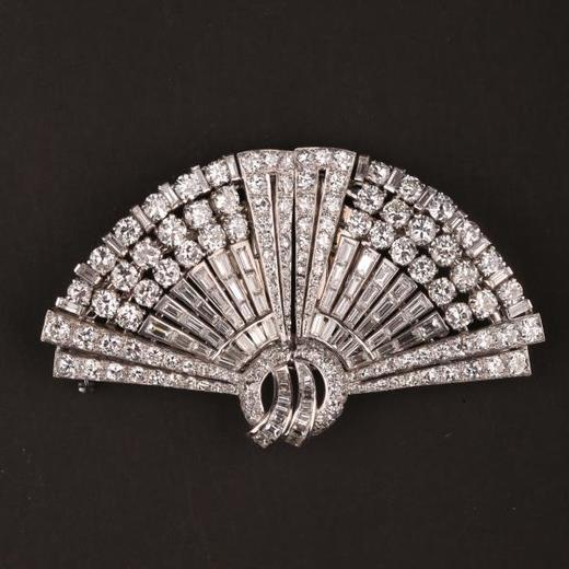 独角鹿西洋古董珠宝首饰英国DRAYSON扇子造型钻石双夹胸针 商品图4