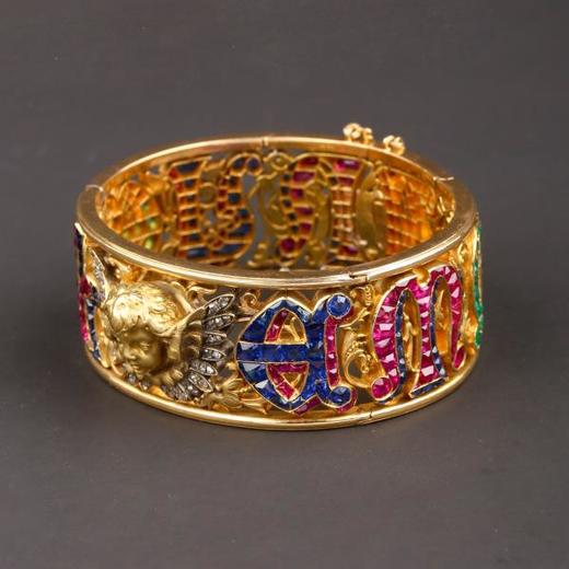 独角鹿西洋古董法国18K金雕刻钻石红宝石蓝宝石祖母绿圣物手镯 商品图1