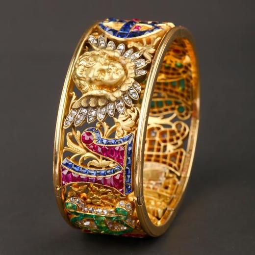 独角鹿西洋古董法国18K金雕刻钻石红宝石蓝宝石祖母绿圣物手镯 商品图4