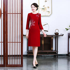 上海旗袍厂TZRY-5时尚喜婆婆婚礼旗袍改良毛呢刺绣改良旗袍裙