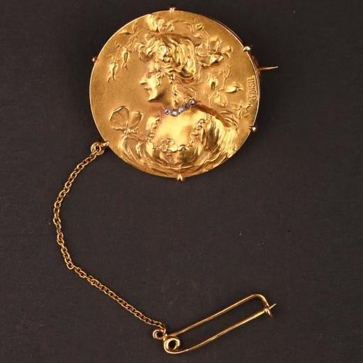 独角鹿西洋古董法国新艺术风格18K金镶嵌钻石雕塑女士头像胸针 商品图4