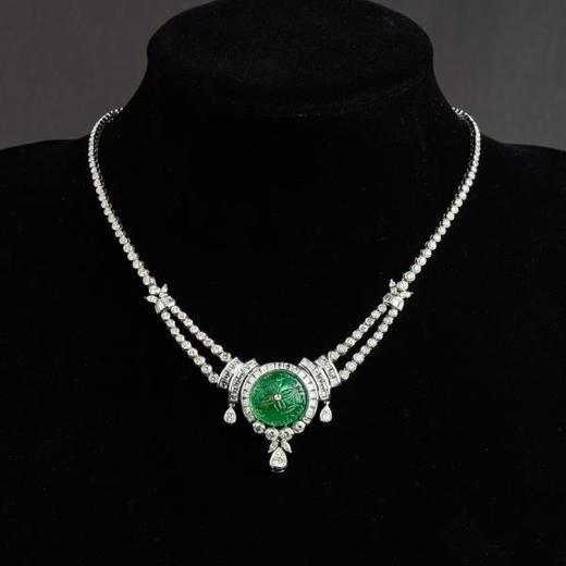 独角鹿西洋古董珠宝欧洲铂金镶嵌钻石哥伦比亚祖母绿公主型项链 商品图0