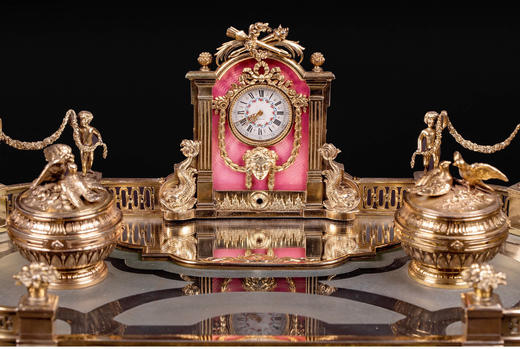 独角鹿西洋古董法国纯银镀金粉色珐琅钟表雕刻宫廷花园造型墨水台 商品图4