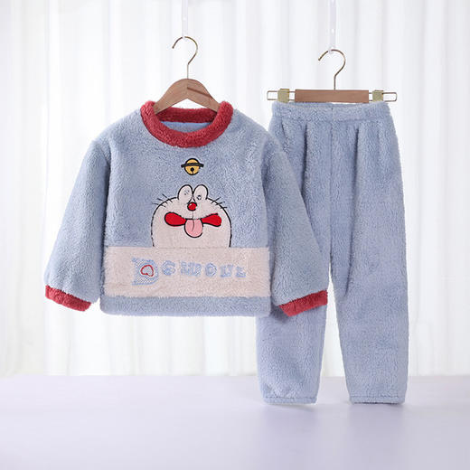 【双层护肚设计 保暖锁温】冬季儿童法兰绒睡衣套装女童家居服双面加绒加厚小童云朵绒两件套 商品图7