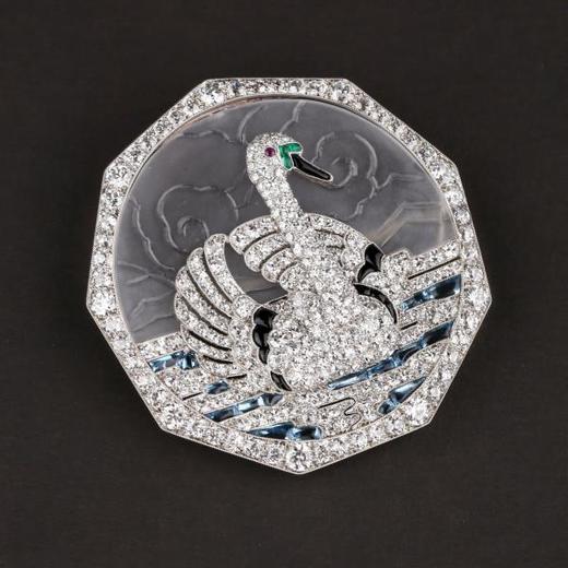 独角鹿西洋古董铂金镶嵌钻石天然水晶祖母绿红宝石海蓝宝天鹅胸针 商品图4