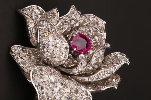 独角鹿西洋古董珠宝欧洲纯银镶嵌缅甸无烧粉色蓝宝石钻石花卉胸针 商品图1