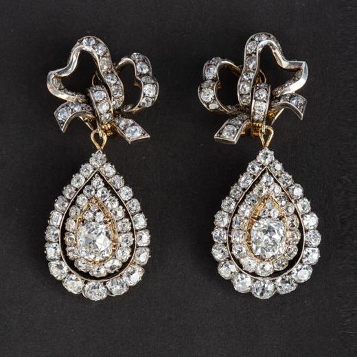 独角鹿西洋古董珠宝首饰19世纪金银镶嵌老切钻石耳坠耳环耳饰一对 商品图0