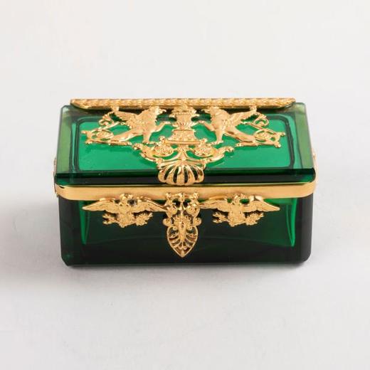 独角鹿西洋古董法国帝政风格斯芬克斯主题铜鎏金绿色水晶珍宝盒 商品图0
