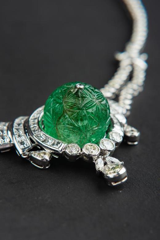 独角鹿西洋古董珠宝欧洲铂金镶嵌钻石哥伦比亚祖母绿公主型项链 商品图3