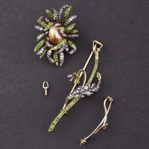 独角鹿西洋古董首饰珠宝奥地利金银镶嵌钻石翠榴石天然珍珠胸针 商品图3