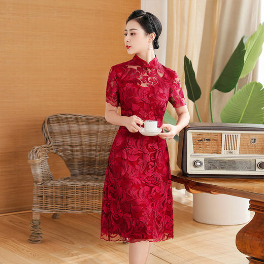 上海旗袍厂TZRY-蕾丝短款新款优雅婚礼喜婆婆礼服 时尚大气刺绣蕾丝改良旗袍连衣裙 商品图0