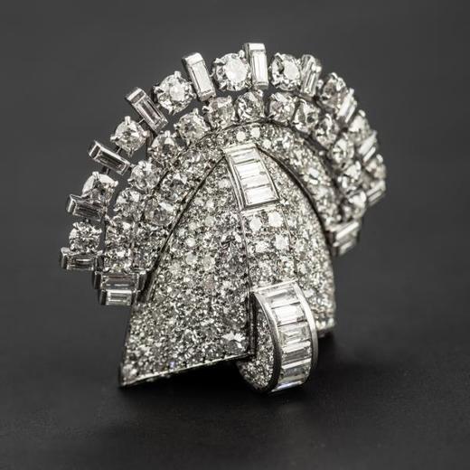 独角鹿西洋古董珠宝首饰法国Mauboussin铂金镶嵌钻石双夹扣胸针 商品图1