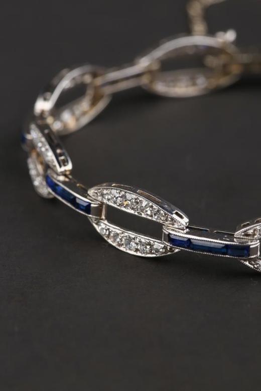 独角鹿西洋古董法国装饰艺术风格黄金铂金镶嵌钻石蓝宝石手链 商品图2