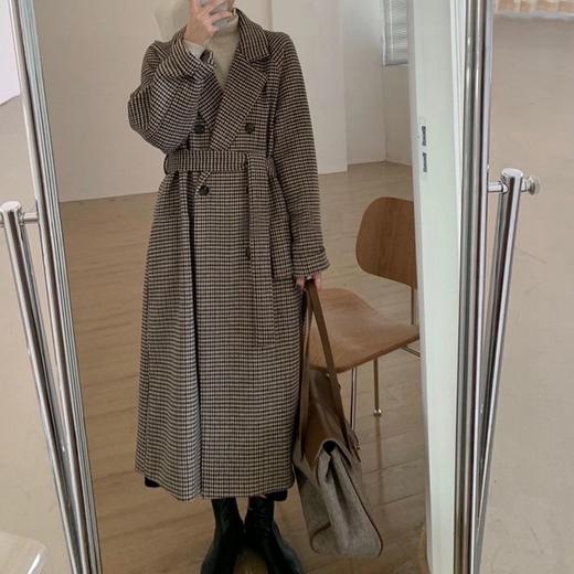 【格子毛呢外套女】秋冬季韩版中长款千鸟格呢子大衣外套女上衣 商品图1