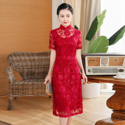 上海旗袍厂TZRY-202105新款复古优雅大气宴会礼服  典雅修身刺绣蕾丝改良旗袍连衣裙 商品图2