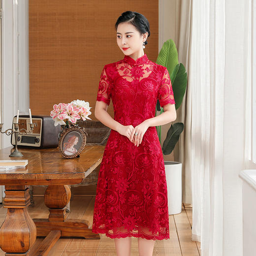 上海旗袍厂TZRY-202105新款复古优雅大气宴会礼服  典雅修身刺绣蕾丝改良旗袍连衣裙 商品图1