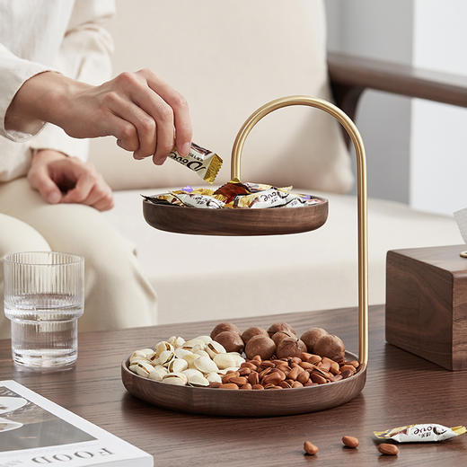 初心| 圆形双层果盘北美黑胡桃木黄铜托盘 商品图2