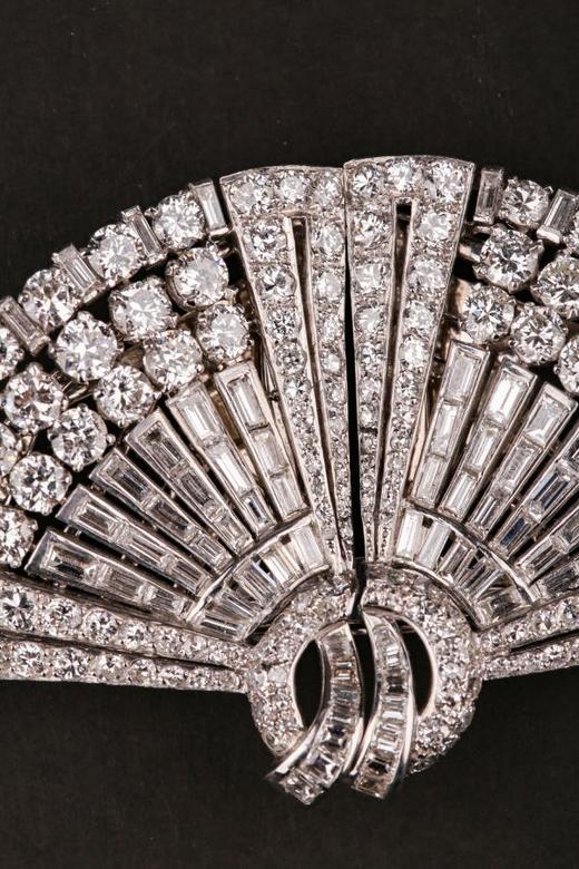 独角鹿西洋古董珠宝首饰英国DRAYSON扇子造型钻石双夹胸针 商品图2