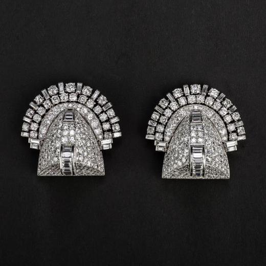 独角鹿西洋古董珠宝首饰法国Mauboussin铂金镶嵌钻石双夹扣胸针 商品图0