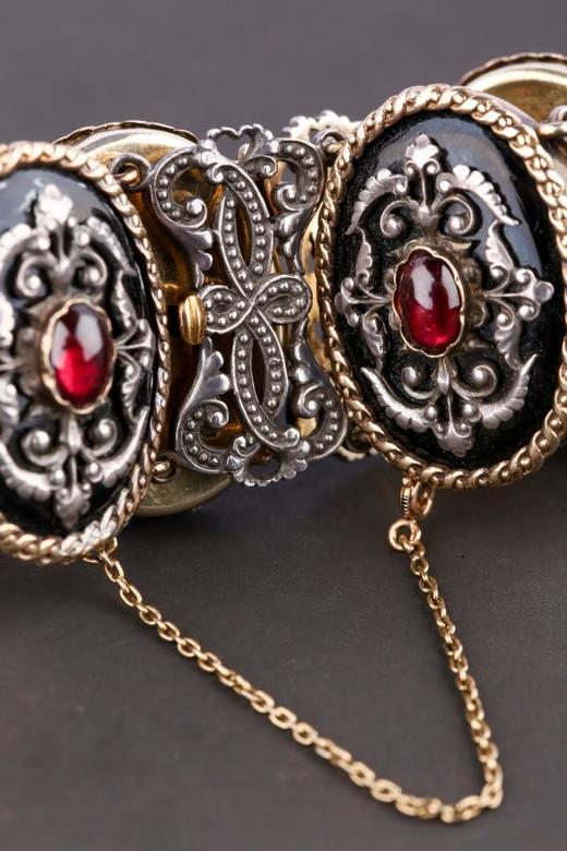 独角鹿西洋古董法国FROMENT MEURICE黄金纯银石榴石珐琅手链手镯 商品图3