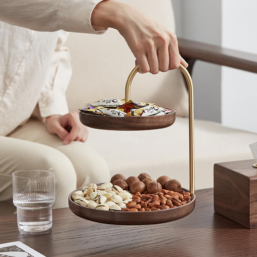 初心| 圆形双层果盘北美黑胡桃木黄铜托盘 商品图3