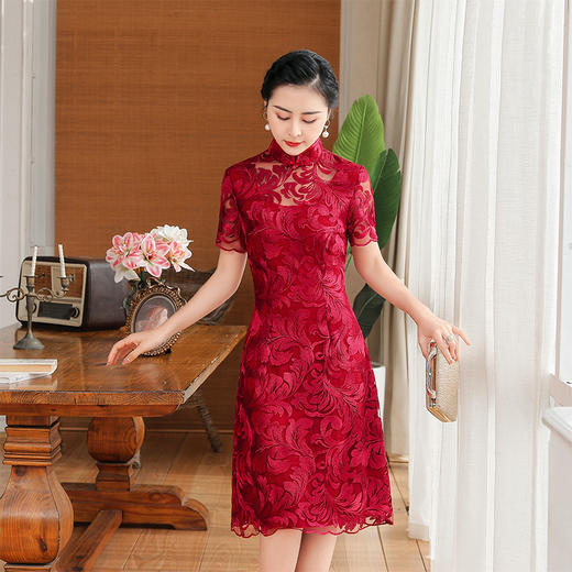 上海旗袍厂TZRY-蕾丝短款新款优雅婚礼喜婆婆礼服 时尚大气刺绣蕾丝改良旗袍连衣裙 商品图1
