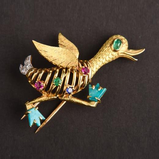 独角鹿西洋古董珠宝首饰法国黄金镶嵌宝石小鸭造型胸针 商品图4