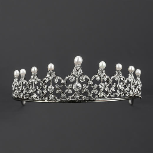 独角鹿西洋古董珠宝首饰1890年代欧洲金银叠打镶嵌钻石珍珠冠冕 商品图4