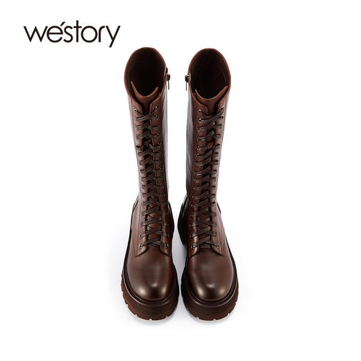westory2021秋冬新款高筒系带马丁靴帅气机车风长靴圆头质感女靴W21DQ81451 商品图3